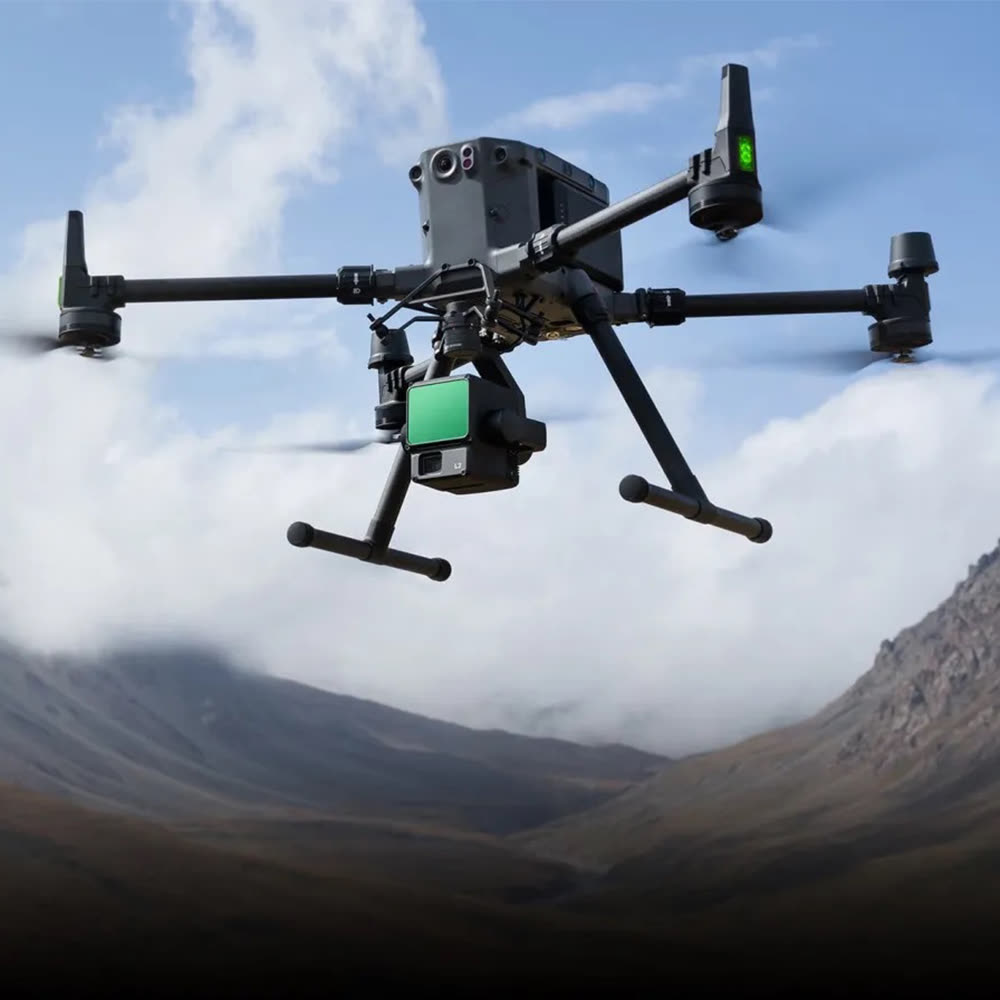 DJI Matrice 350 RTK in flight with a survey payload