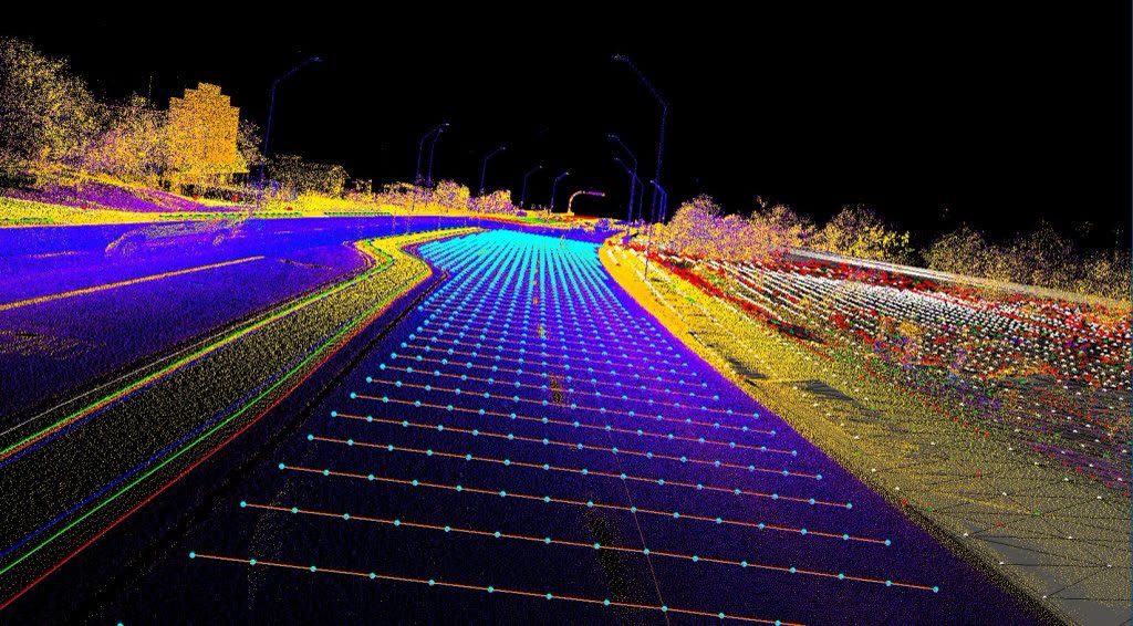 Colorized LiDAR point cloud of a roadway corridor