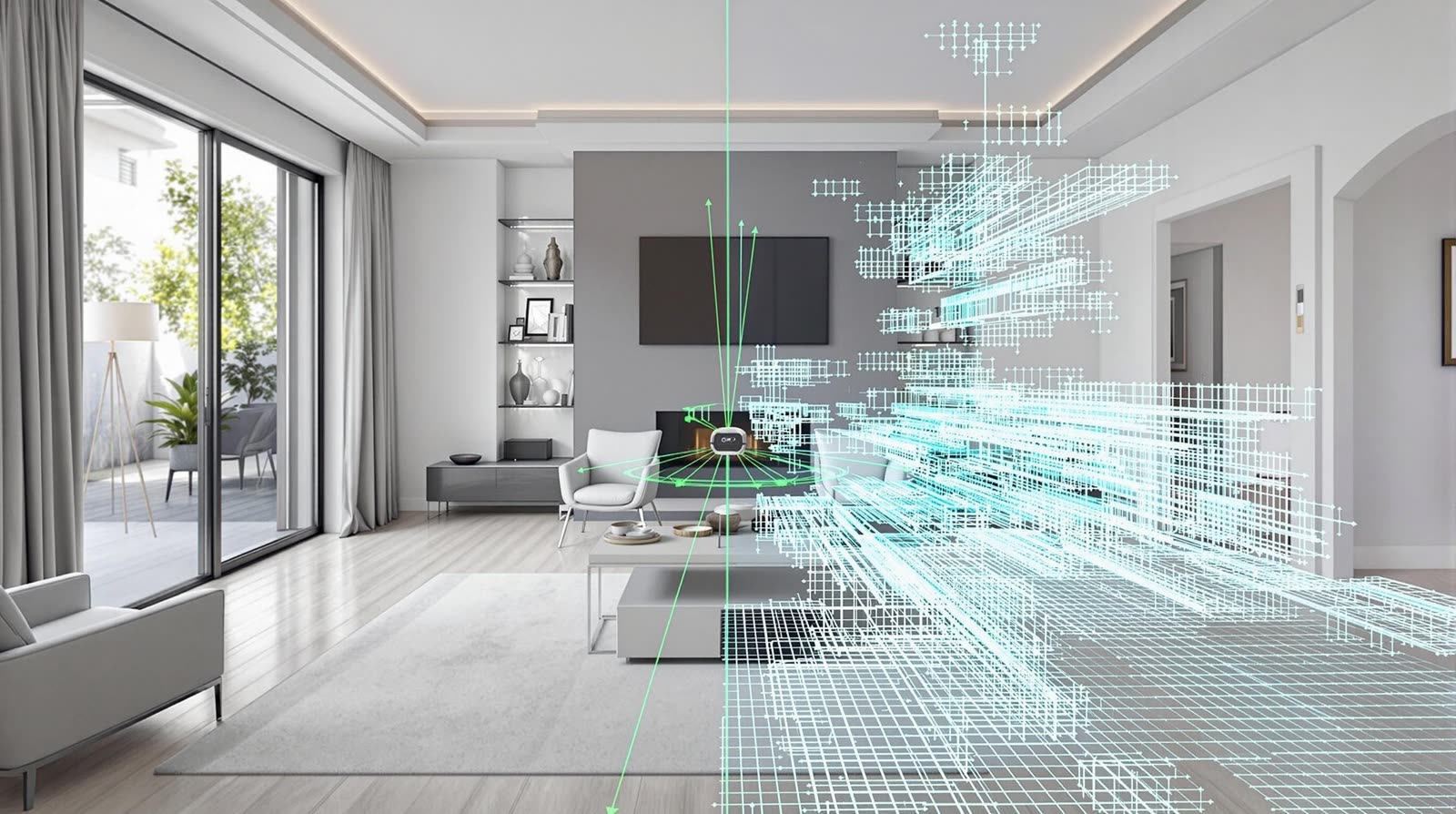 Interior real estate space with a 3D scan overlay