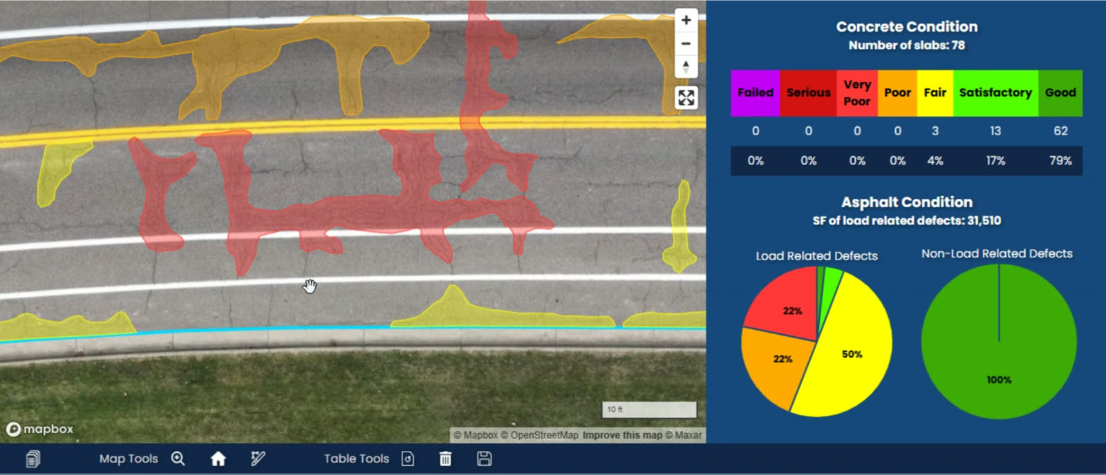 Asphalt condition report with mapped distress markup