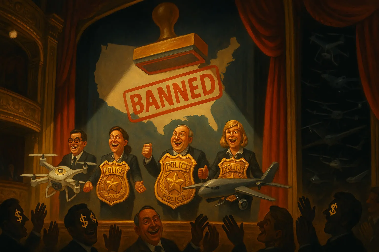 Drone silhouetted against a policy-themed background