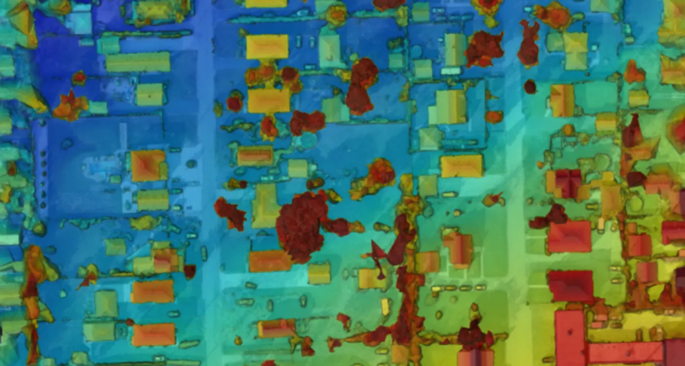 Elevation-colorized terrain model highlighting low-lying areas